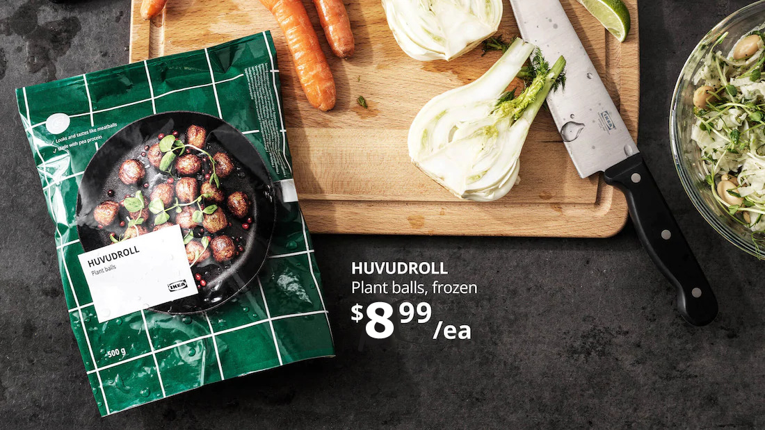 A green package of veggie balls near a cutting board and a knife. HUVUDROLL Plant balls, frozen, $5.99/ea